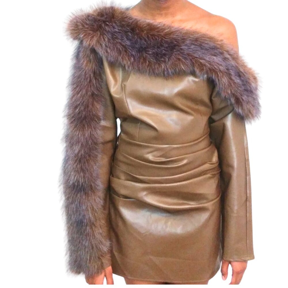 WOMEN'S TAUPE OFF THE SHOULDER BROWN AND GRAY FAUX FUR SHIRT DRESS - XXS - Picture 4 of 8